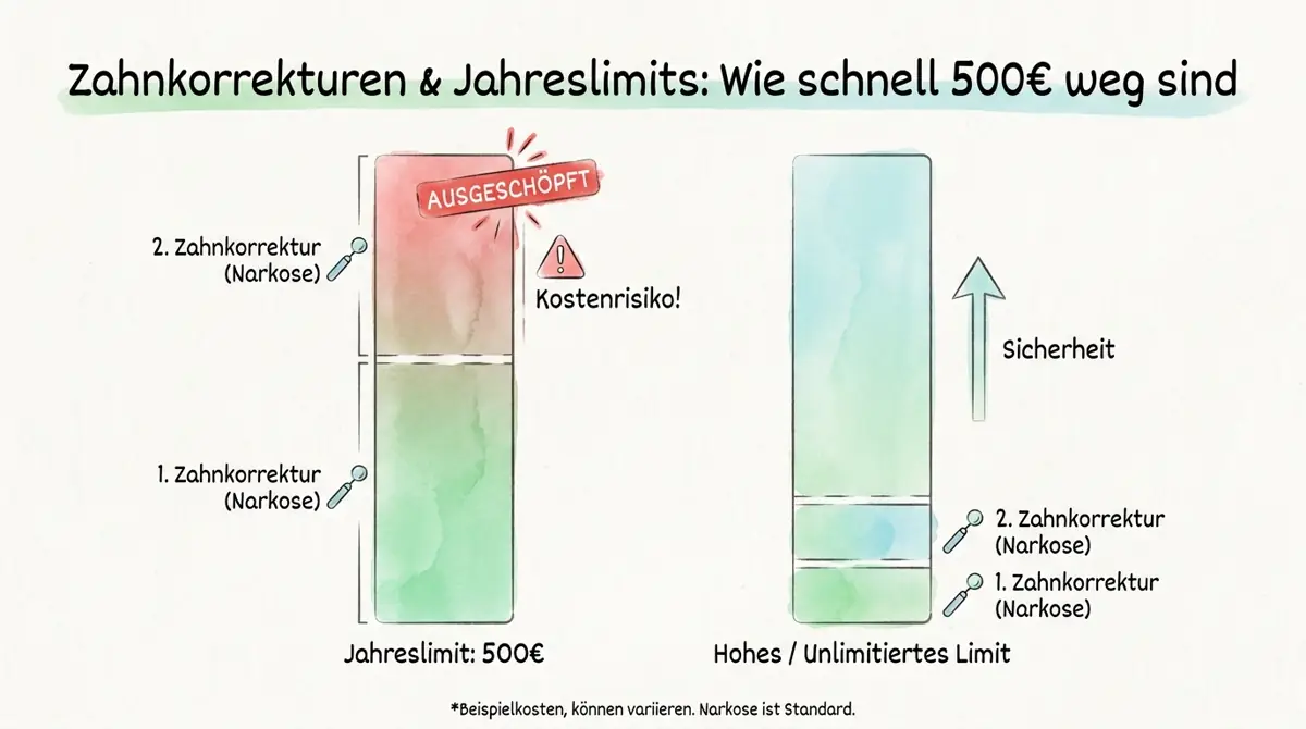 Infografik zum Versicherungs-Jahreslimit bei Kaninchen-Zahnbehandlungen: 500 Euro sind nach zwei Korrekturen unter Narkose ausgeschöpft, hohe oder unbegrenzte Limits bieten deutlich mehr Schutz.