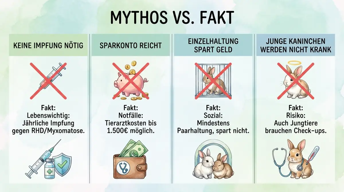 Mythen-Check zu Kaninchenversicherung und Haltung: Wohnungskaninchen brauchen Impfungen, ein Sparkonto reicht oft nicht, Einzelhaltung spart keine Kosten und auch Jungtiere werden krank.