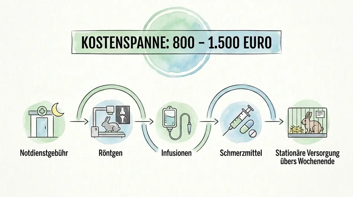 Infografik zu typischen Notfallkosten beim Kaninchen mit Notdienstgebühr, Röntgen, Infusion, Schmerzmitteln und stationärer Versorgung von 800 bis 1.500 Euro.