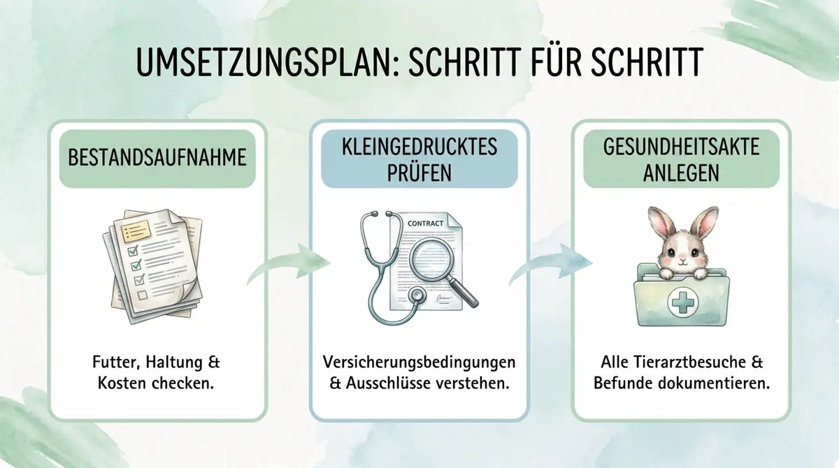 Schritt-für-Schritt-Plan für Kaninchenhalter: Bestandsaufnahme, Kleingedrucktes prüfen und eine vollständige Gesundheitsakte anlegen.