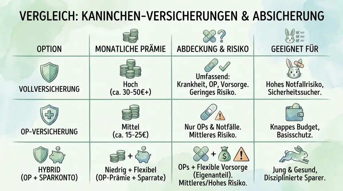 Vergleichsgrafik zu drei Absicherungsmodellen für Kaninchen: Vollversicherung, OP-Versicherung und Hybrid aus OP-Schutz plus Sparkonto.