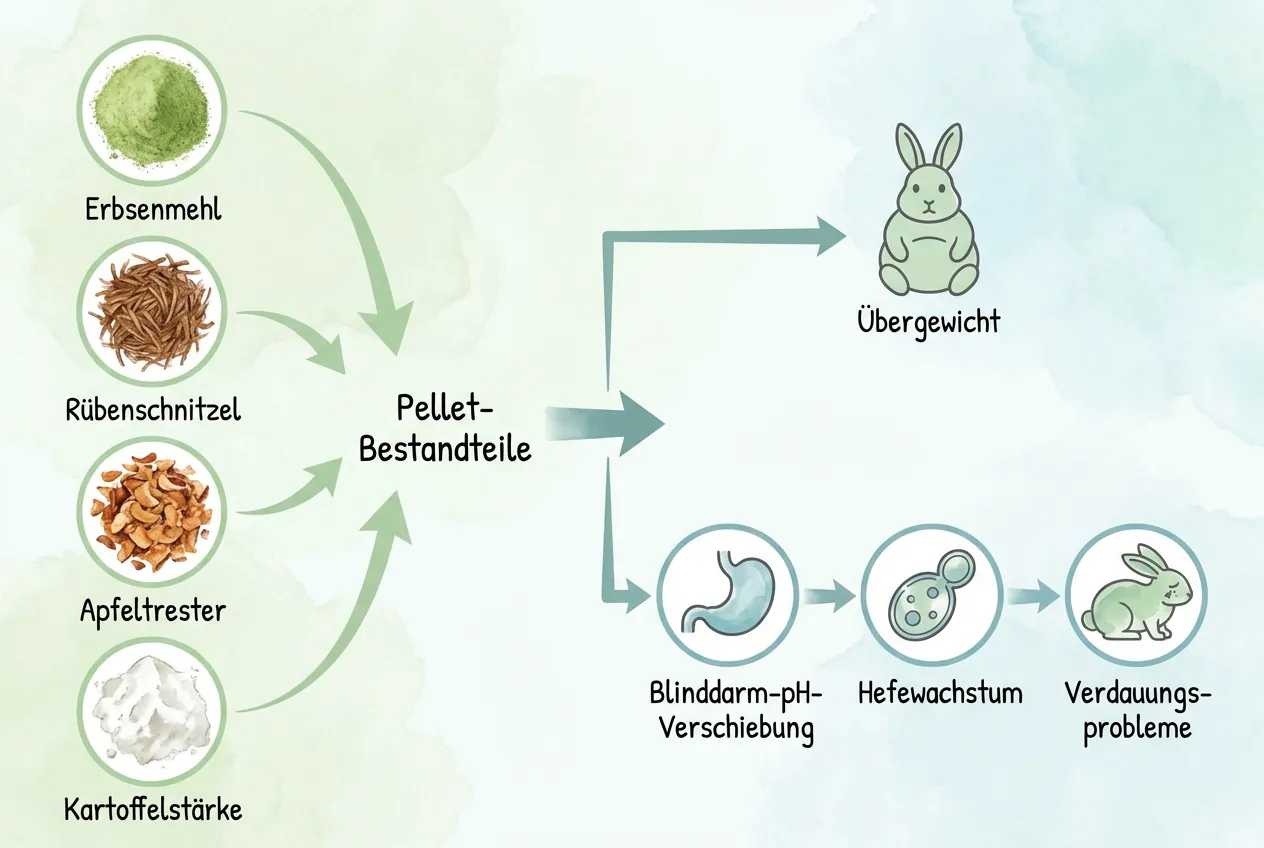 Infografik zu Pellet-Füllstoffen wie Erbsenmehl und Kartoffelstärke mit Folgen wie Übergewicht und Verdauungsproblemen.