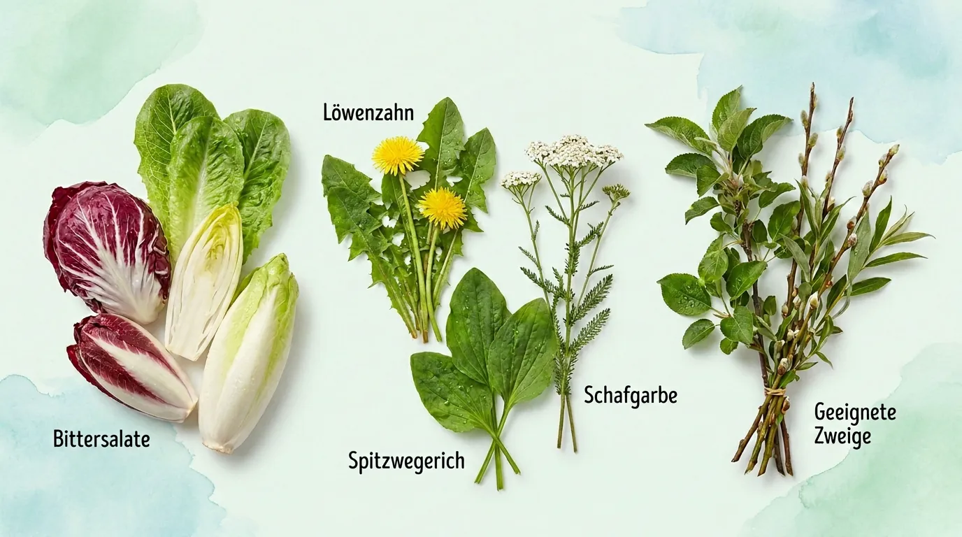 Übersicht mit Bittersalaten, Löwenzahn, Spitzwegerich, Schafgarbe und geeigneten Zweigen für Kaninchen.