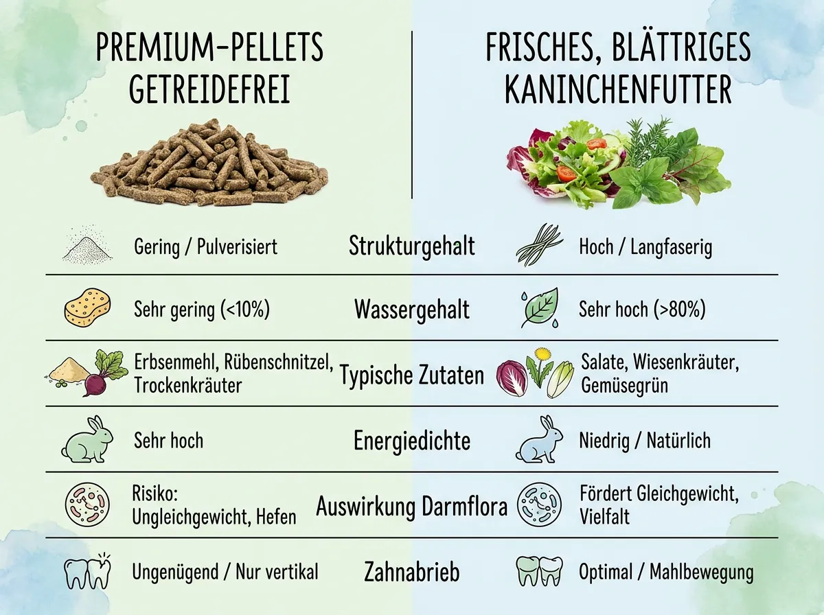 Vergleichsinfografik von getreidefreien Premium-Pellets und frischem Kaninchenfutter mit Bewertung von Struktur, Wasser, Zutaten und Zahnabrieb.