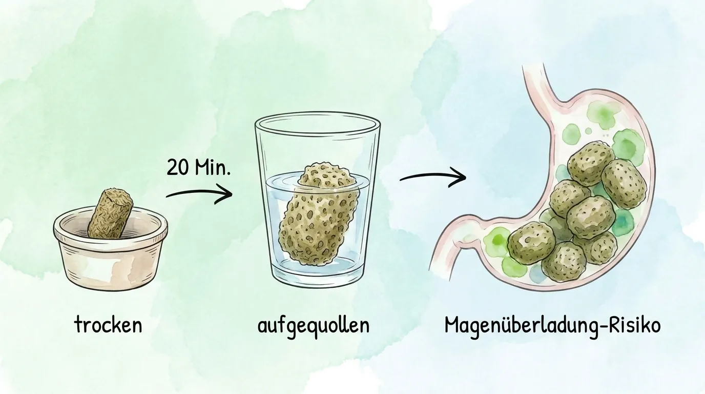 Infografik mit trockenem Pellet, aufgequollenem Futter nach 20 Minuten im Wasser und Magenüberladungs-Risiko.