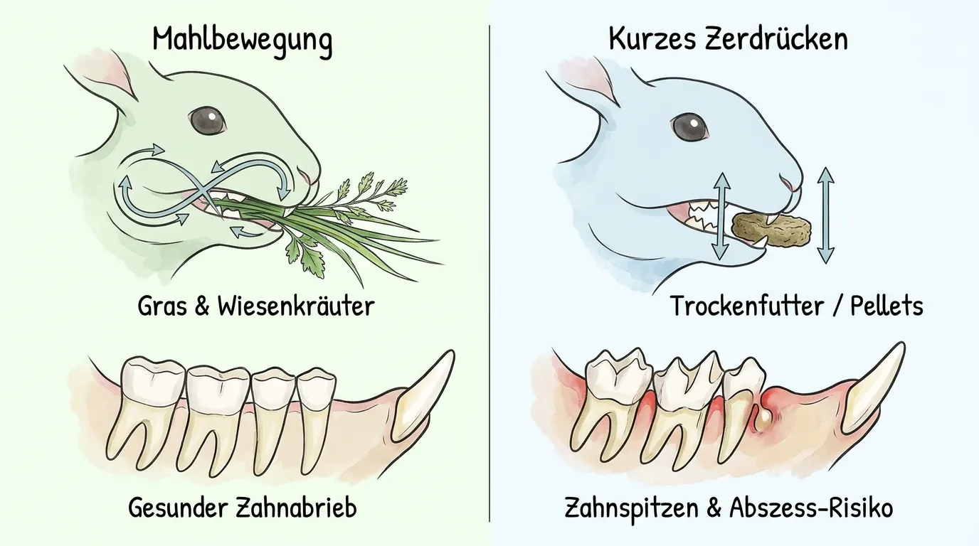 Infografik zum Unterschied zwischen mahlender Kaubewegung bei Gras und kurzem Zerdrücken von Pellets mit Zahnrisiken.