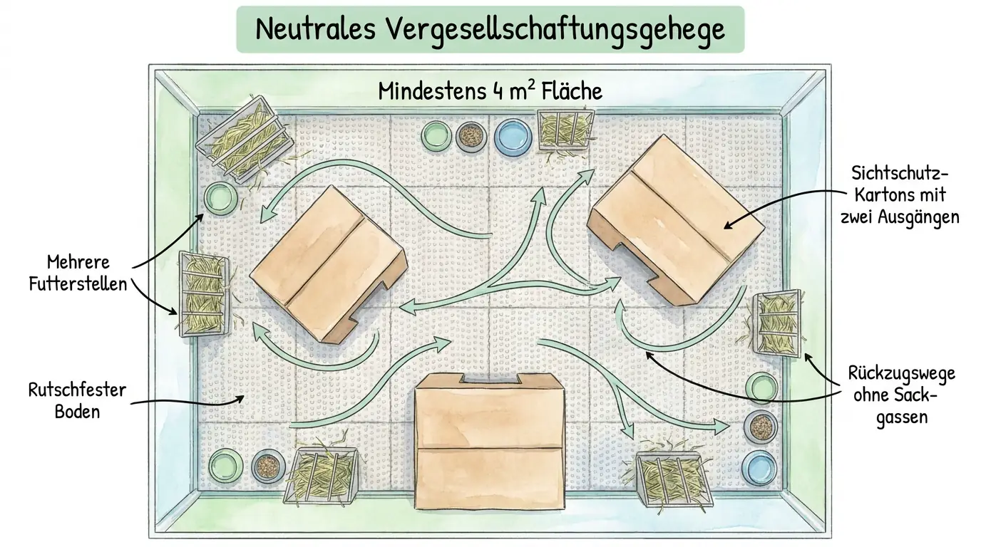 Schema für eine neutrale Kaninchen-Vergesellschaftung mit rutschfestem Boden, mehreren Futterstellen und Sichtschutz-Kartons mit zwei Ausgängen.