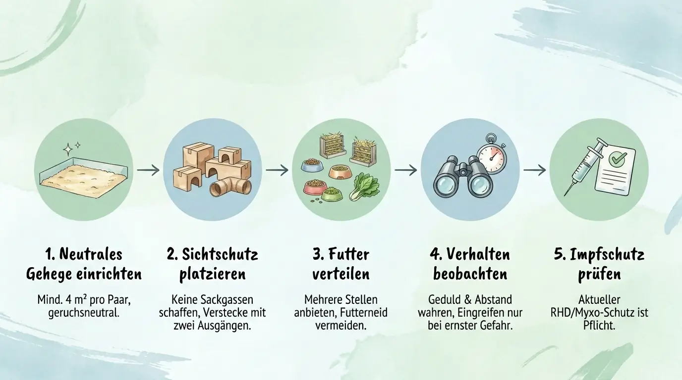Fünf-Schritte-Infografik zur Kaninchen-Vergesellschaftung: neutrales Gehege, Sichtschutz, verteiltes Futter, Beobachtung und aktueller Impfschutz.