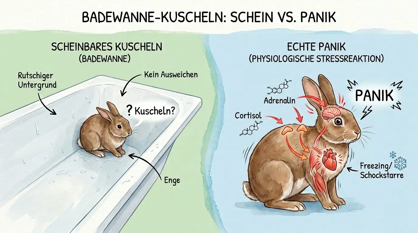 Infografik zur Badewannen-Methode bei Kaninchen: rutschiger Untergrund, fehlende Ausweichmöglichkeit und die Stressreaktion mit Schockstarre statt echter Bindung.