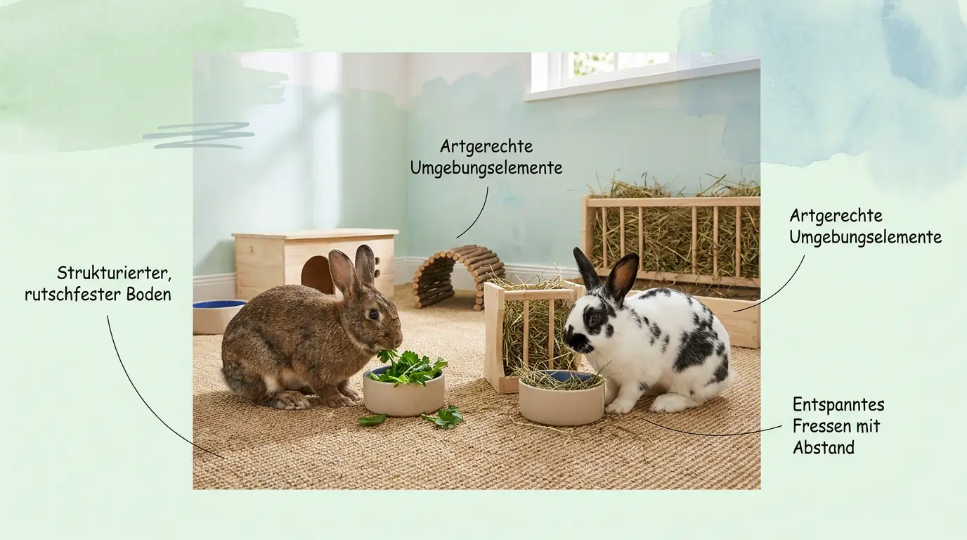 Zwei Kaninchen in einer artgerechten Vergesellschaftungsumgebung mit rutschfestem Boden, Abstand, Futter und strukturierter Einrichtung.