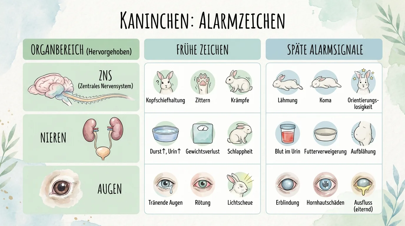 Infografik zu frühen und späten Alarmzeichen bei E. cuniculi an ZNS, Nieren und Augen des Kaninchens.