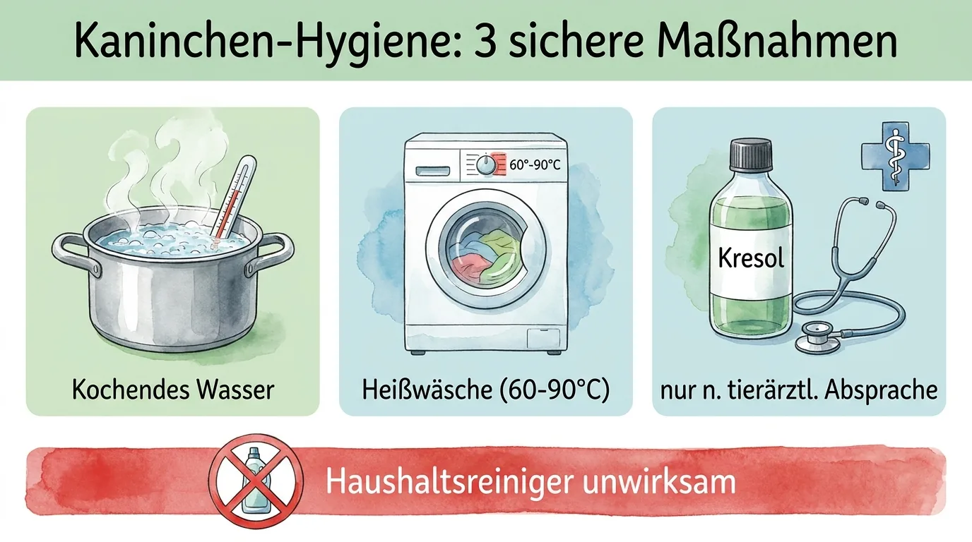 Infografik zu sicheren Hygienemaßnahmen bei E. cuniculi mit kochendem Wasser, Heißwäsche und Kresol nur nach tierärztlicher Absprache.