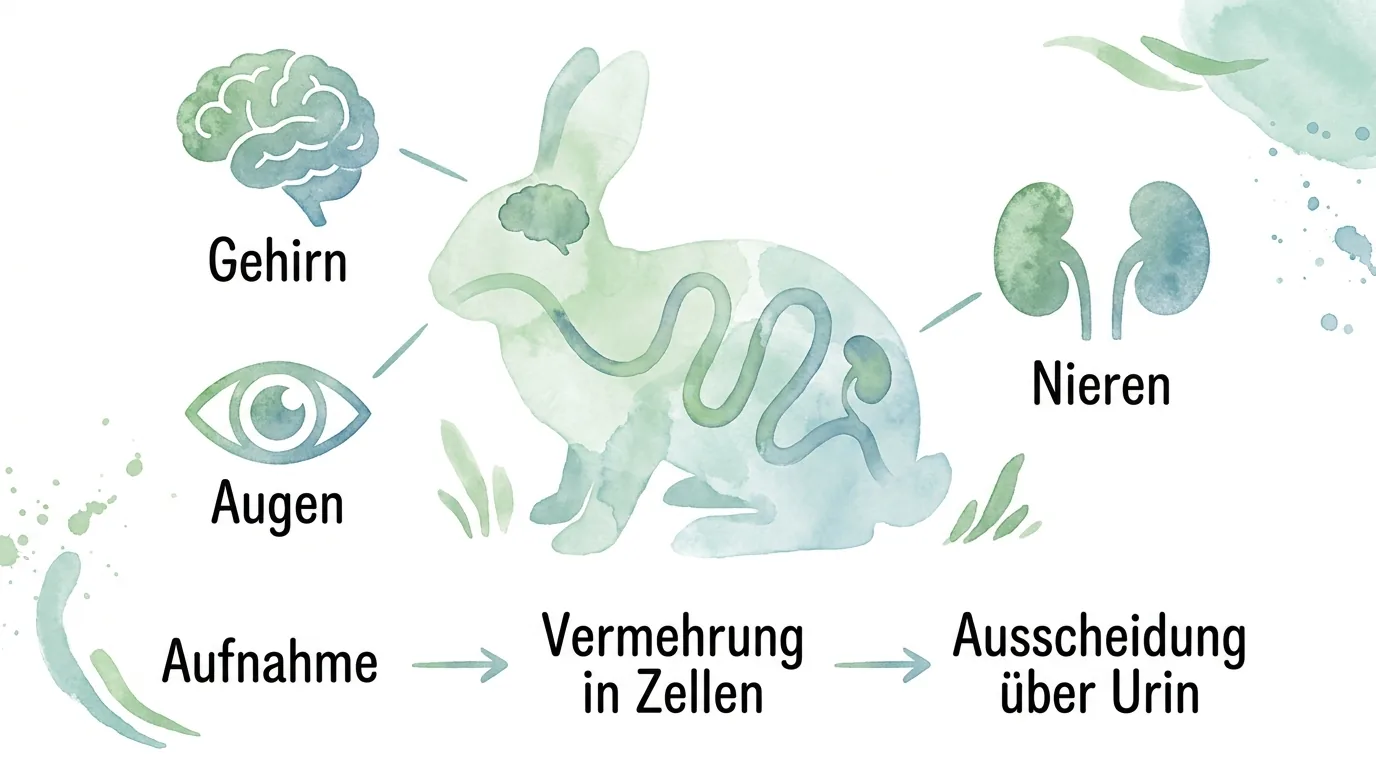 Infografik zum Infektionsweg von E. cuniculi beim Kaninchen mit Gehirn, Augen, Nieren und Ausscheidung über Urin.