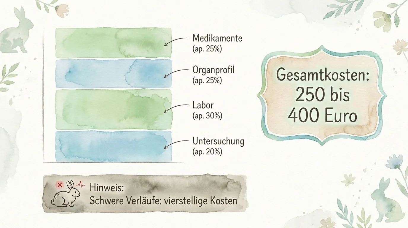 Infografik zu typischen E.-cuniculi-Kosten mit Untersuchung, Labor, Organprofil, Medikamenten und Gesamtrahmen von 250 bis 400 Euro.