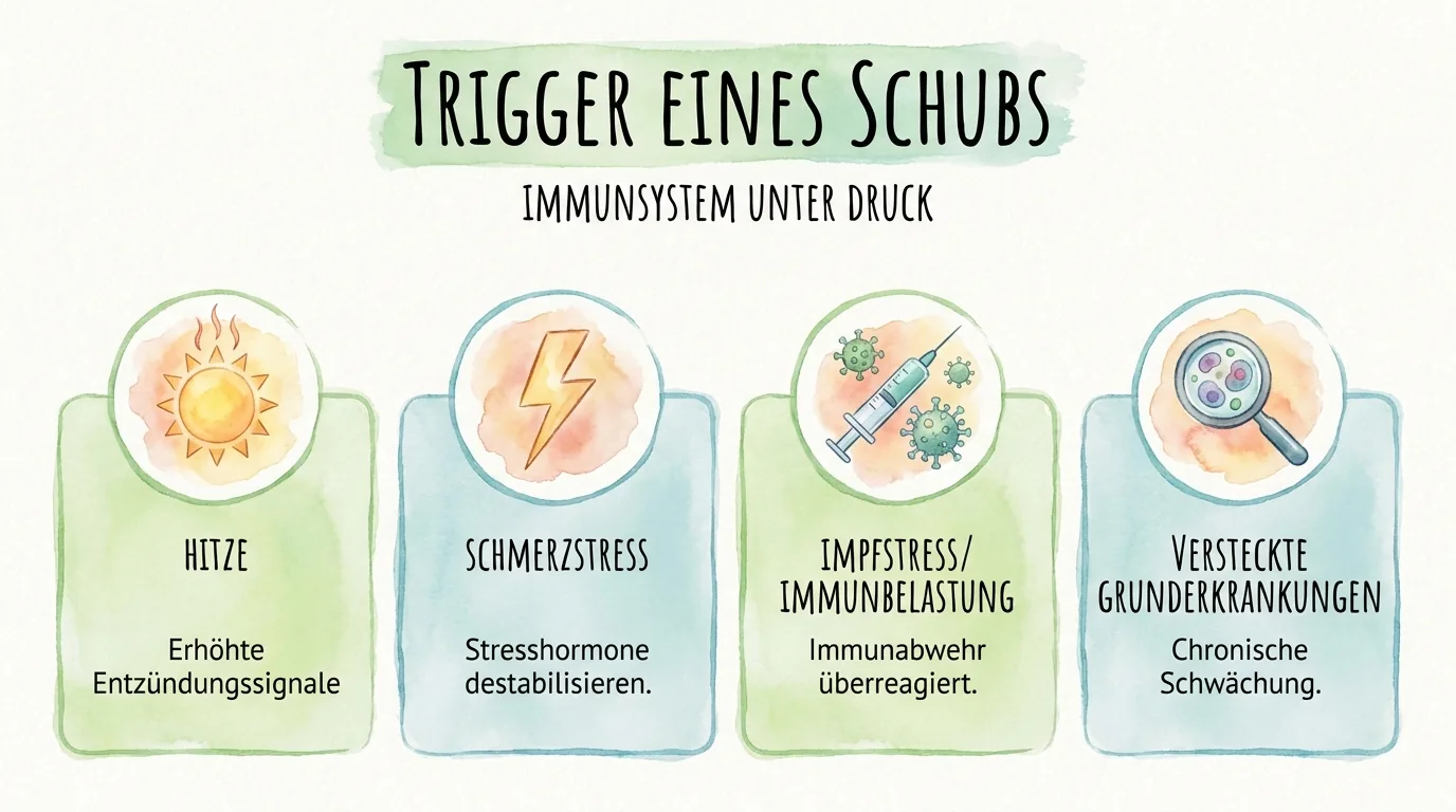 Infografik zu den vier Triggern eines E. cuniculi Schubs: Hitze, Schmerzstress, Impfstress und versteckte Grunderkrankungen.