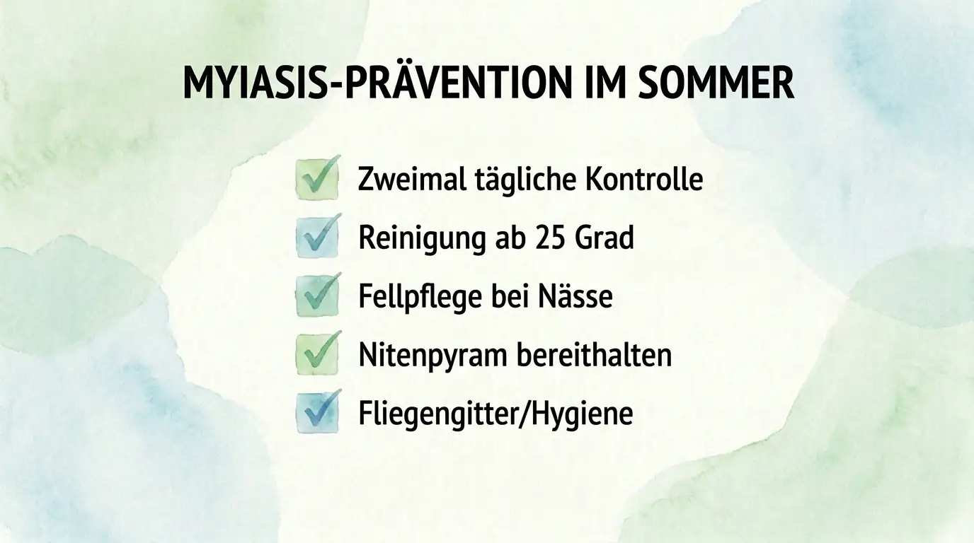 Infografik zur Myiasis-Prävention beim Kaninchen im Sommer mit den Punkten zweimal tägliche Kontrolle, Reinigung ab 25 Grad, Fellpflege bei Nässe, Nitenpyram bereithalten und Fliegengitter mit Hygiene.