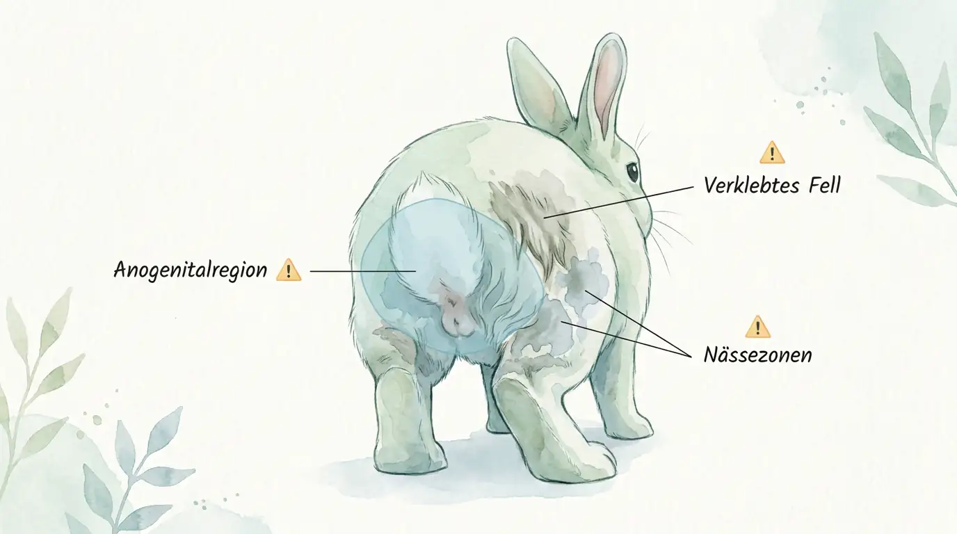 Infografik eines Kaninchens mit markierter Anogenitalregion, verklebtem Fell und Nässezonen als typische Risikobereiche für Myiasis.