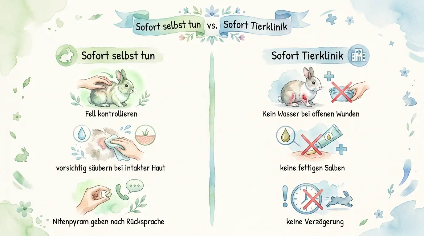 Infografik zum Notfallmanagement bei Verdacht auf Myiasis beim Kaninchen mit den Spalten Sofort selbst tun und Sofort Tierklinik.
