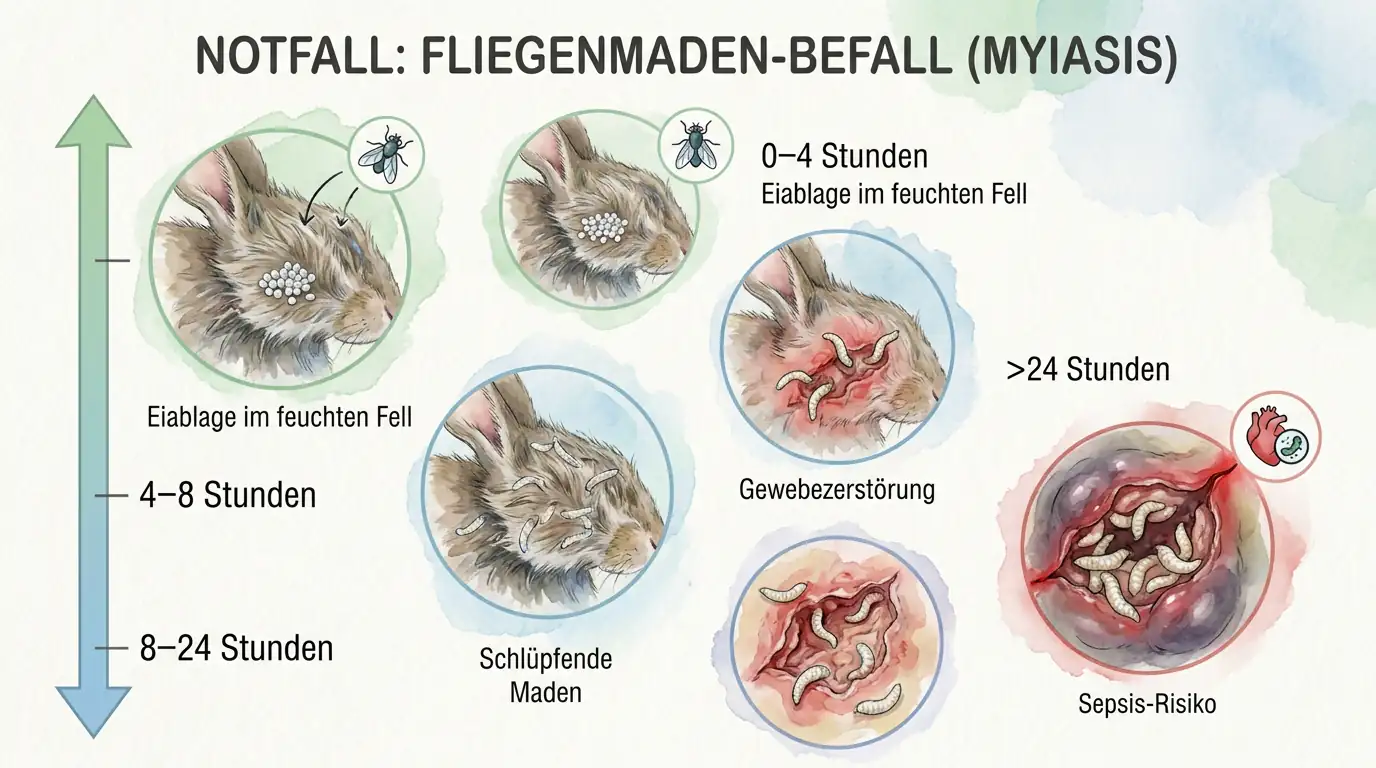 Infografik zum Notfall Fliegenmadenbefall beim Kaninchen mit Eiablage im feuchten Fell und Zeitachse von 4 bis 8 sowie 8 bis 24 Stunden.