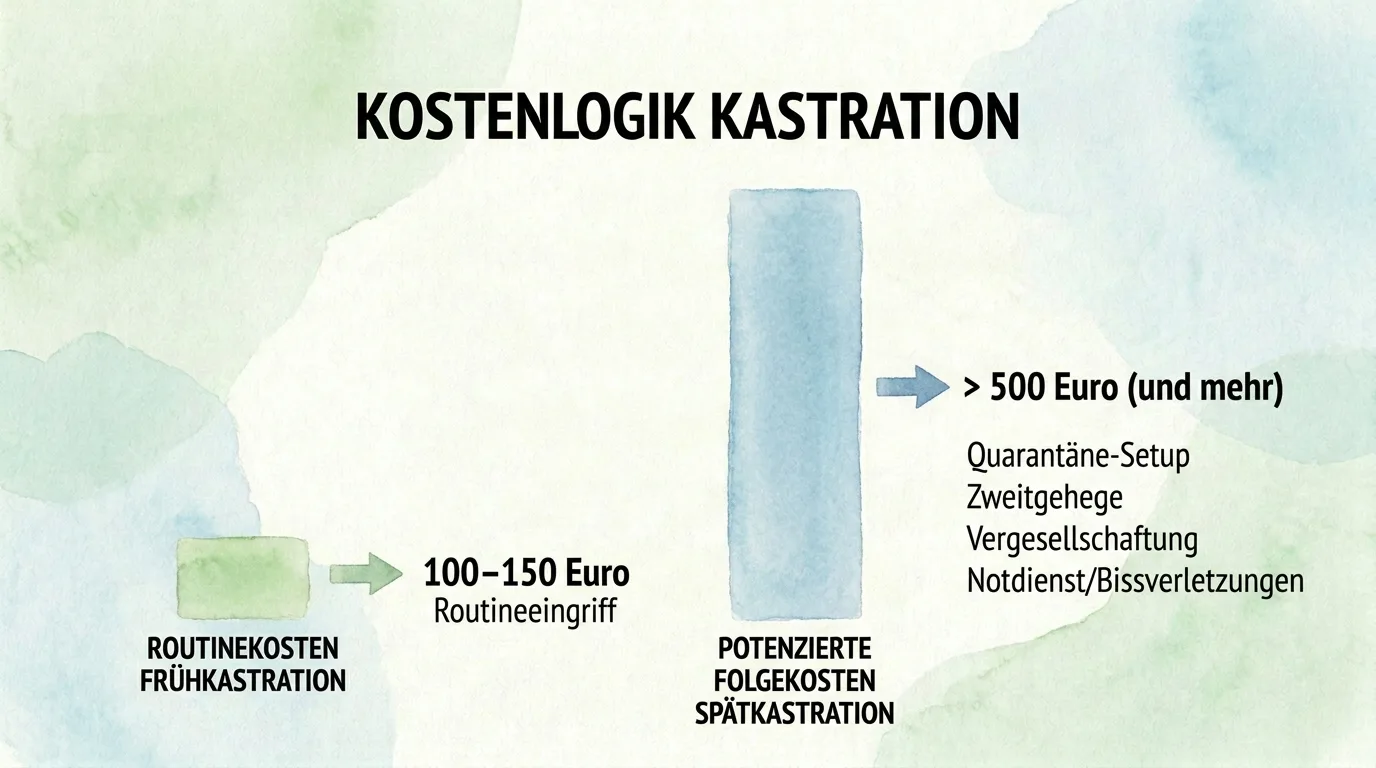 Kostenvergleichs-Infografik zur Kastration von Kaninchen mit Routinekosten der Frühkastration von 100 bis 150 Euro und deutlich höheren Folgekosten der Spätkastration durch Quarantäne, Zweitgehege, Vergesellschaftung und Notdienst.