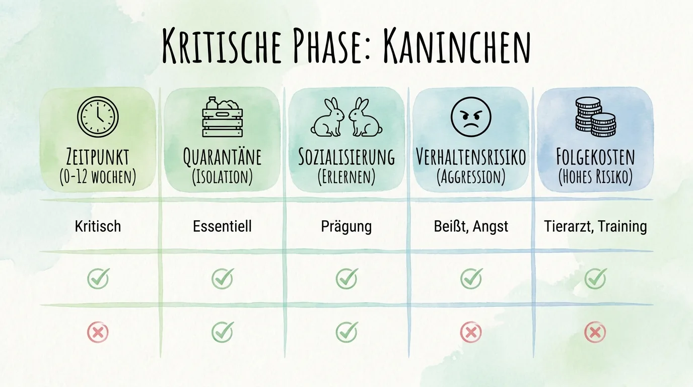 Vergleichsinfografik zur kritischen Phase junger Kaninchen mit den Faktoren Zeitpunkt, Quarantäne, Sozialisierung, Verhaltensrisiko und Folgekosten bei Früh- versus Spätkastration.