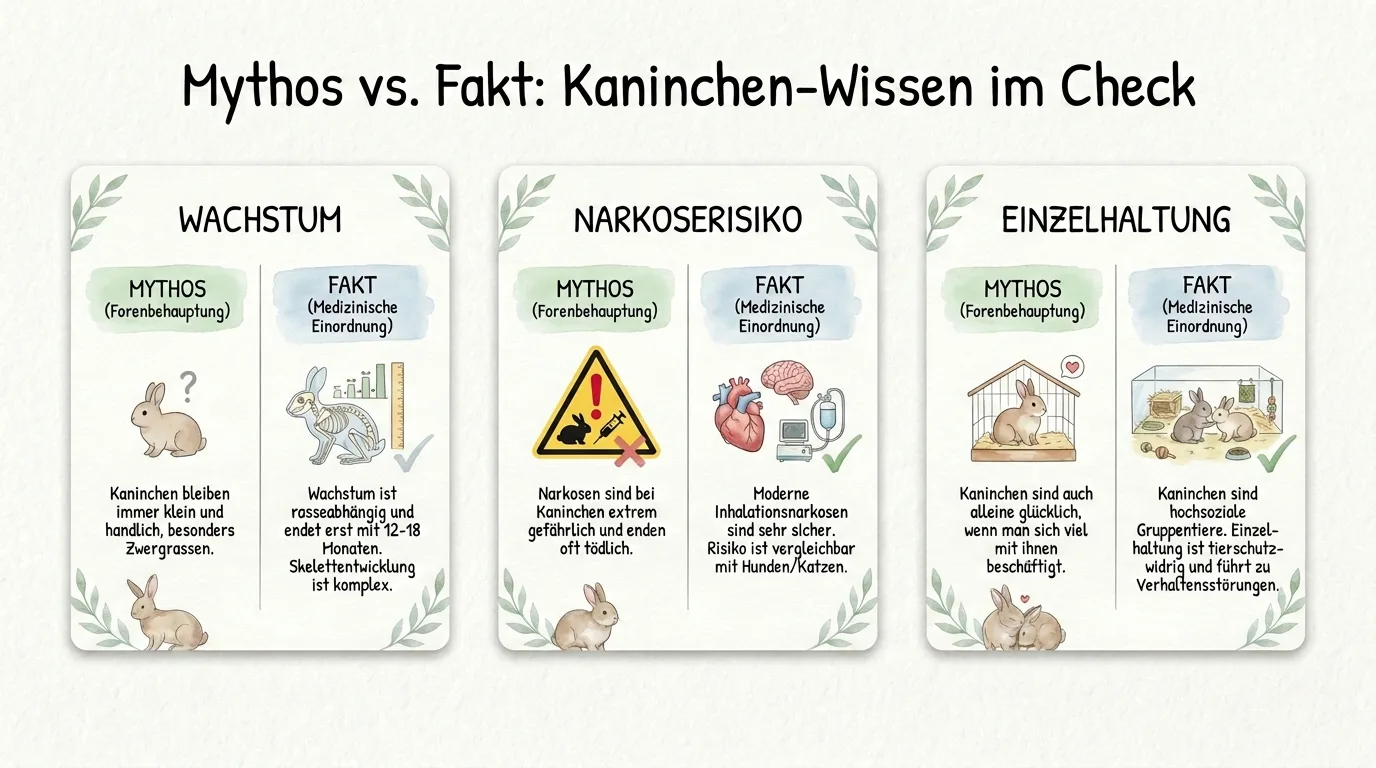 Mythen-und-Fakten-Infografik zur Kaninchenhaltung mit Gegenüberstellung typischer Forenbehauptungen zu Wachstum, Narkoserisiko und Einzelhaltung gegenüber medizinisch korrekten Fakten.