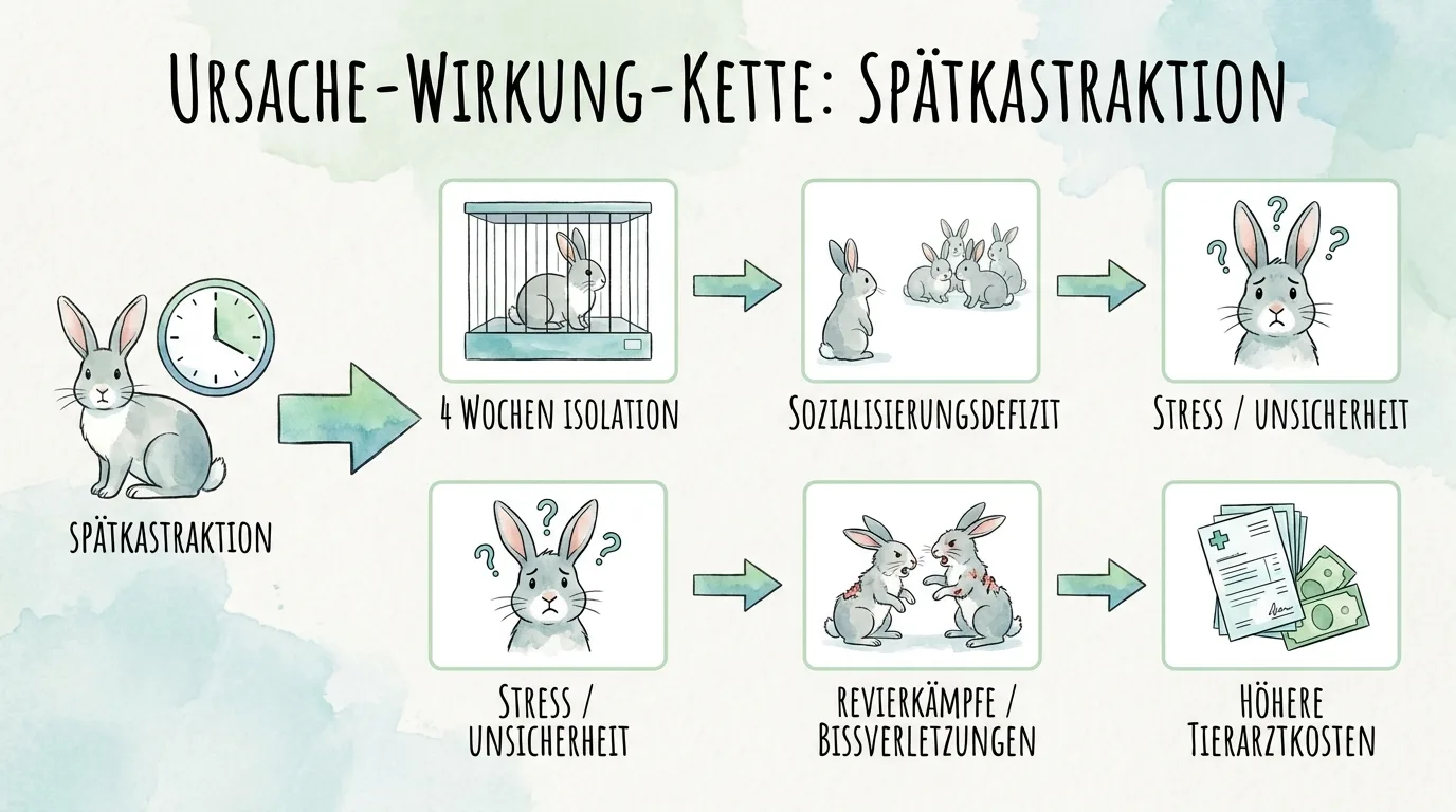 Ursache-Wirkung-Infografik zur Spätkastration bei Kaninchen mit den Stationen Isolation, Sozialisierungsdefizit, Stress, Revierkämpfe, Bissverletzungen und steigenden Tierarztkosten.
