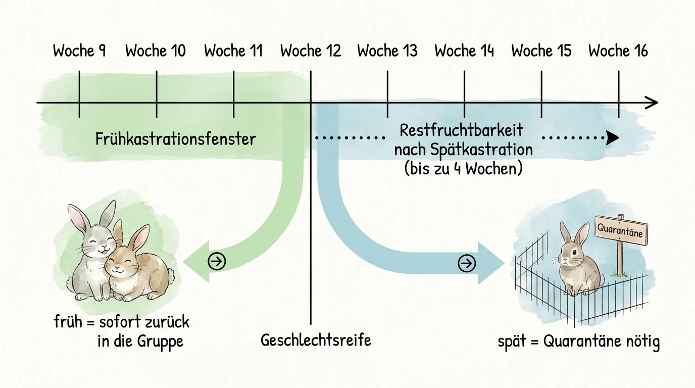 Infografik zum Frühkastrationsfenster bei Kaninchen mit Zeitachse von Woche 9 bis 16, Markierung der Geschlechtsreife ab Woche 12 sowie Gegenüberstellung von sofortiger Rückkehr zur Gruppe und Quarant