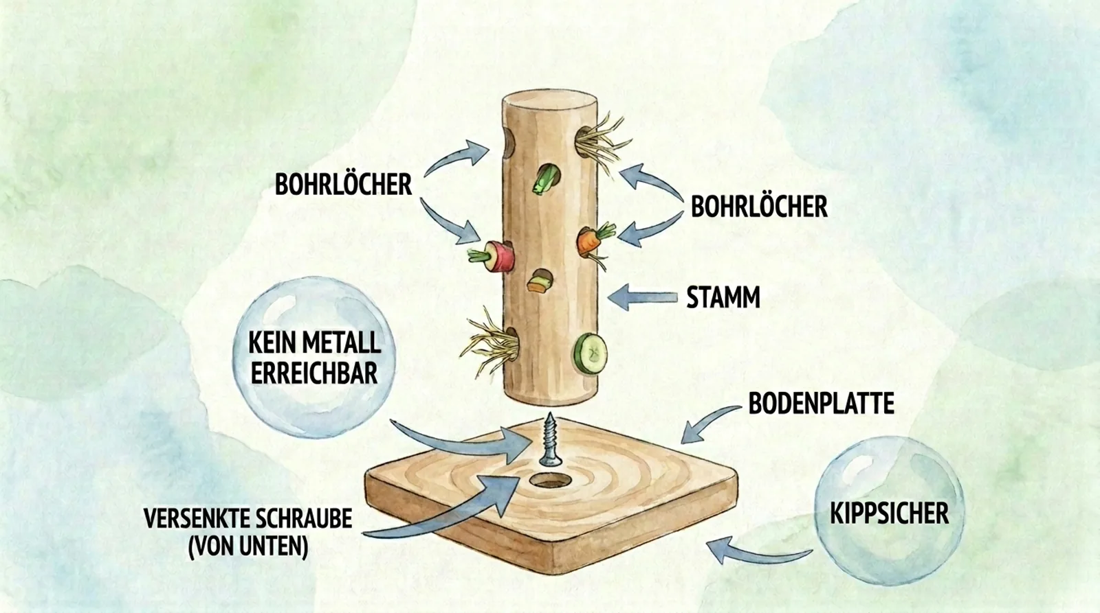 Illustration eines kippsicheren DIY-Futterbaums für Kaninchen mit Holzstamm, Bohrlöchern und Bodenplatte.