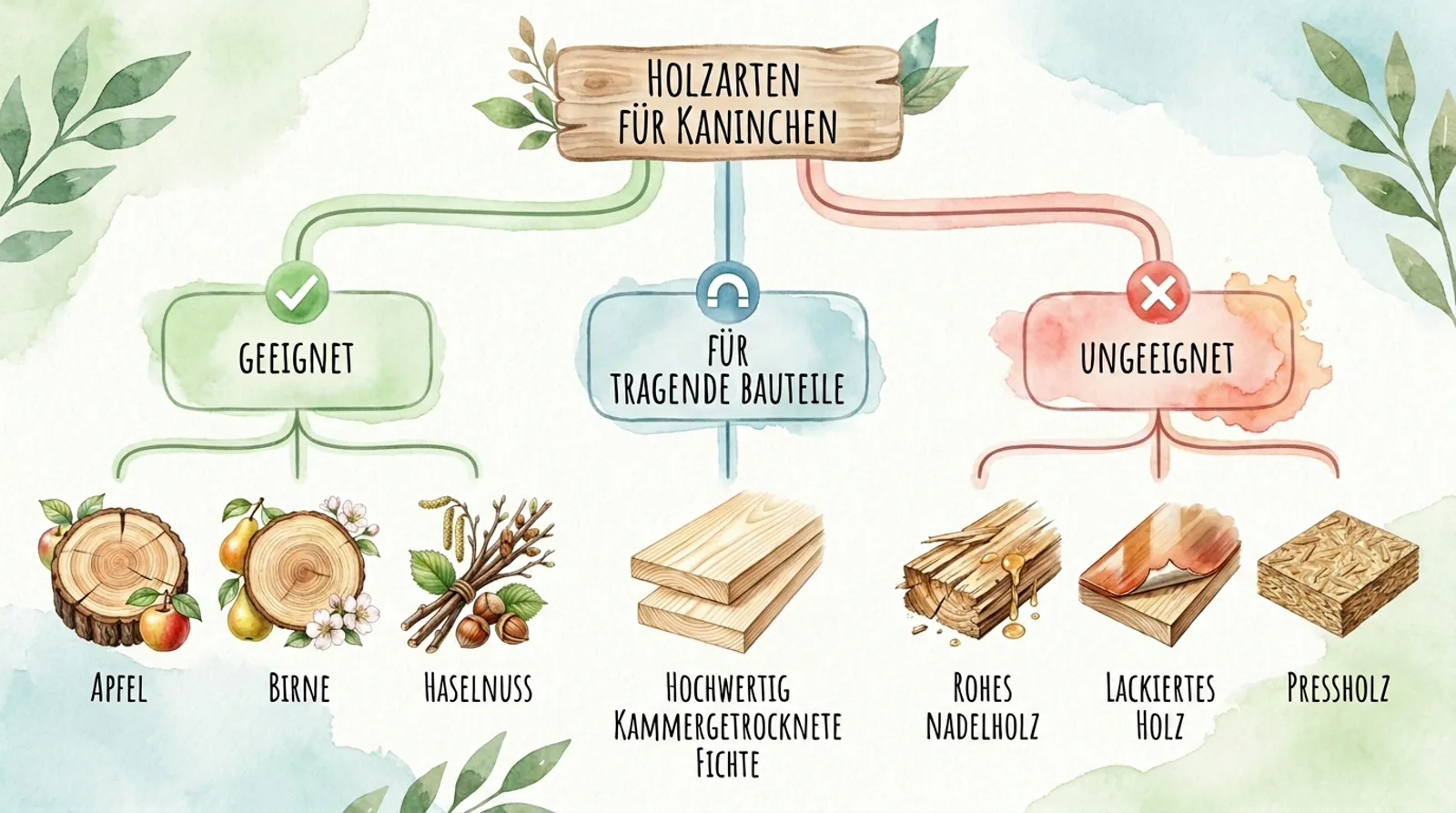 Infografik zu geeigneten und ungeeigneten Holzarten für Kaninchen, mit Apfel, Birne und Haselnuss als geeignet sowie Nadelholz, lackiertem Holz und Pressholz als ungeeignet.