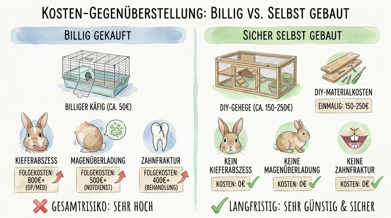 Infografik zum Kostenvergleich: Billiger Kaninchenkäfig mit Gesundheitsrisiken versus sicher selbst gebautes DIY-Gehege mit langfristig niedrigeren Kosten.