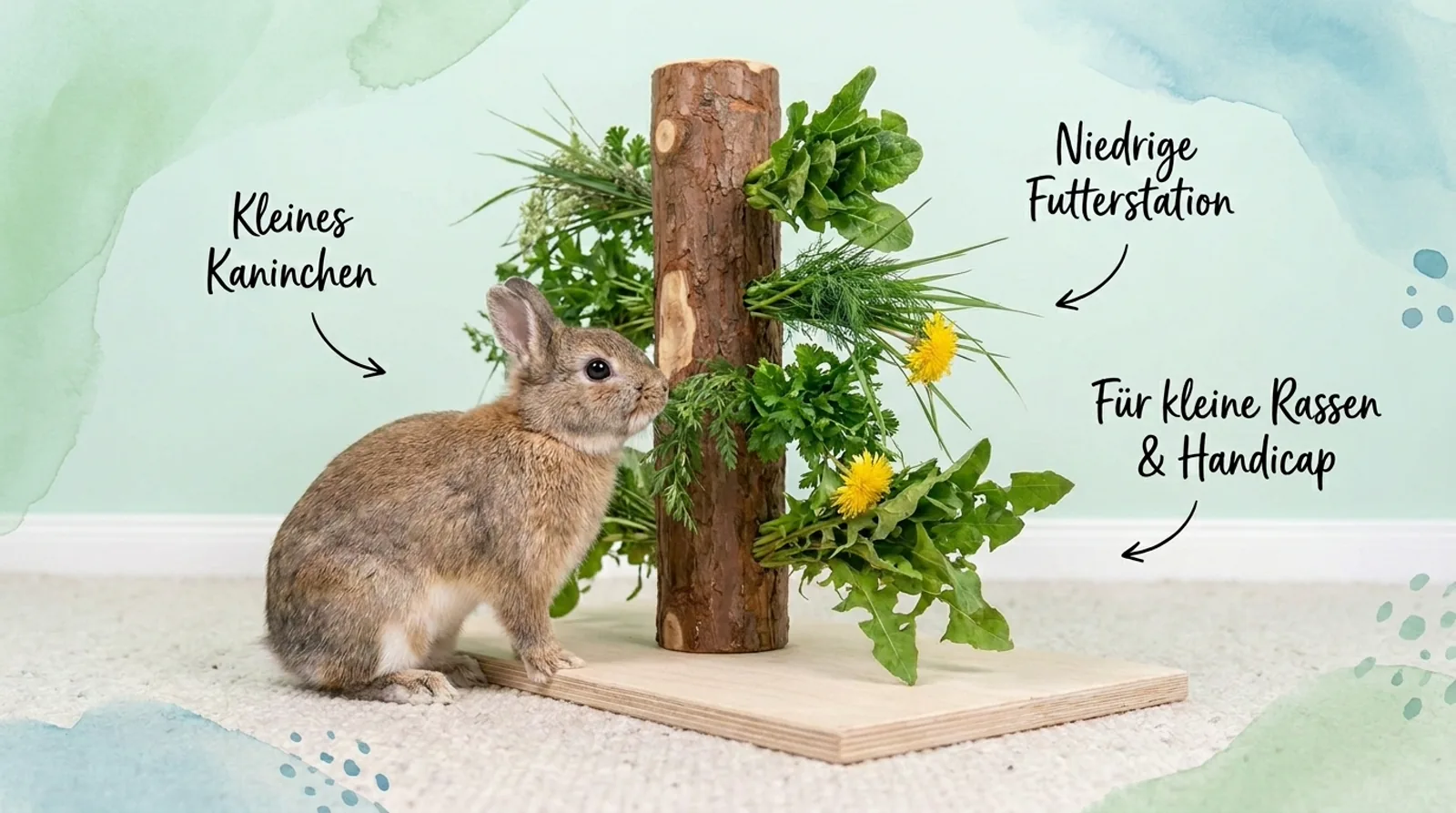 Kleines Kaninchen neben einer niedrigen DIY-Futterstation aus Holz mit frischen Kräutern und Blättern, geeignet für kleine Rassen und Handicap-Kaninchen.
