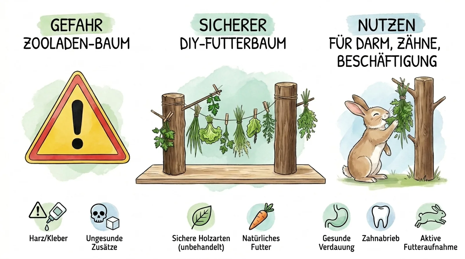 Infografik zu sicheren DIY-Futterbäumen für Kaninchen: Vergleich zwischen gefährlichem Zoohandlungs-Baum und artgerechtem Futterbaum mit Nutzen für Verdauung, Zähne und Beschäftigung.