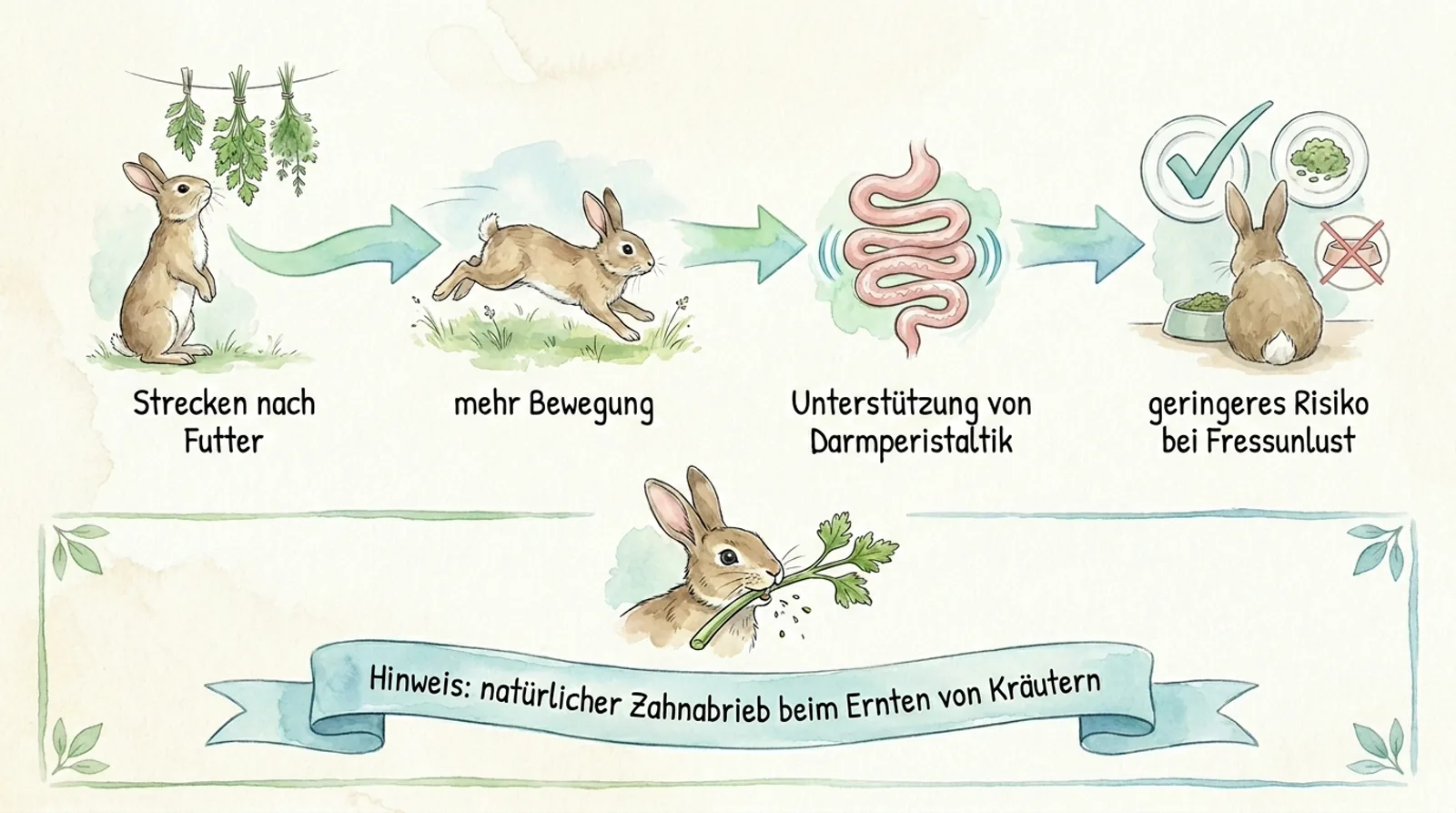 Infografik: Kaninchen frisst aufgehängte Kräuter am DIY-Futterbaum, mit Hinweisen zu Bewegung, Darmperistaltik und natürlichem Zahnabrieb.