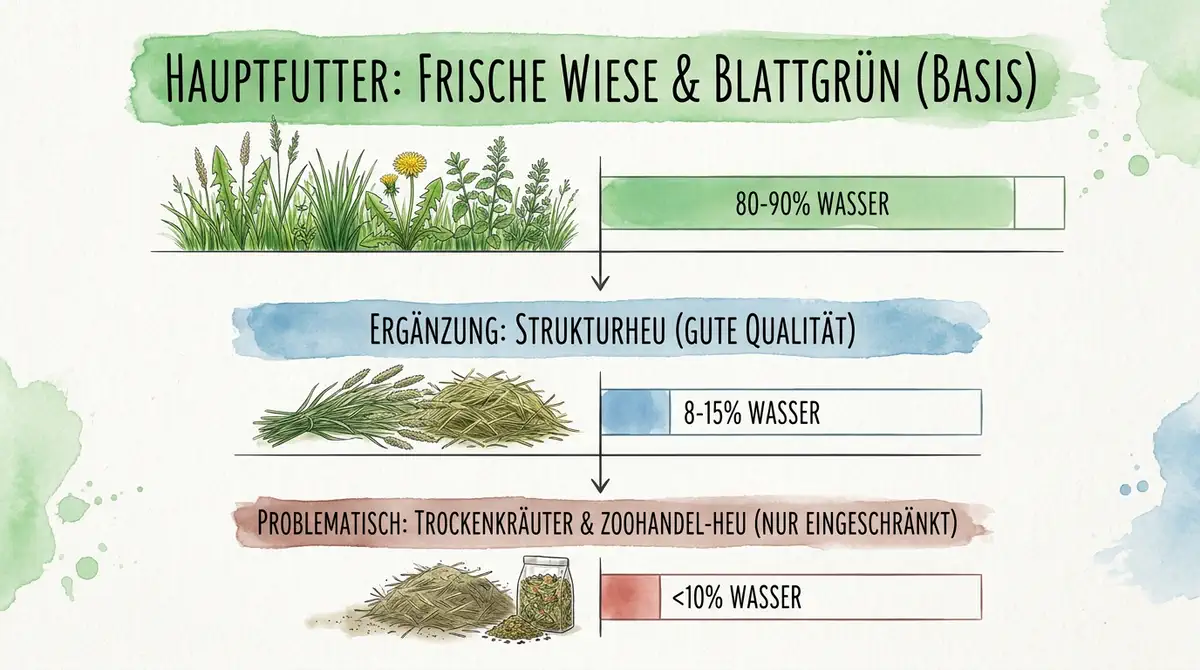 Infografik zur Kaninchenfütterung mit frischer Wiese und Blattgrün als Hauptfutter, Strukturheu als Ergänzung sowie Trockenkräutern und Zoohandel-Heu als nur eingeschränkt geeigneten Produkten.