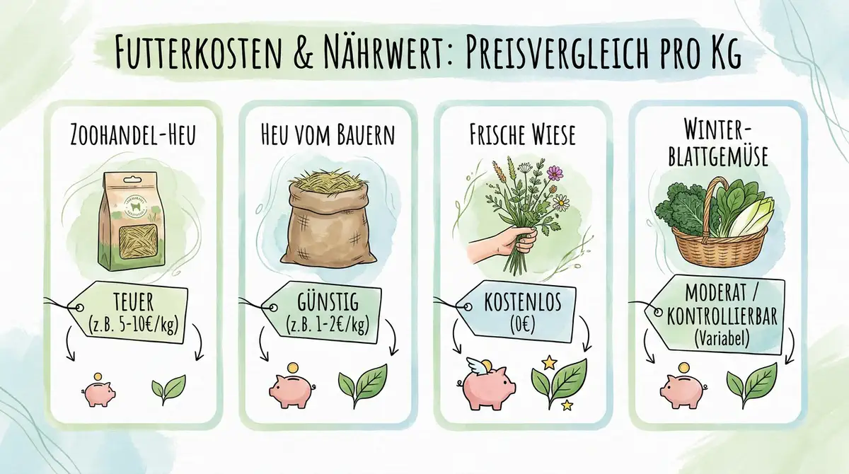 Illustration zum Preisvergleich von Kaninchenfutter pro Kilogramm mit Zoohandel-Heu, Heu vom Bauern, frischer Wiese und Winter-Blattgemüse.