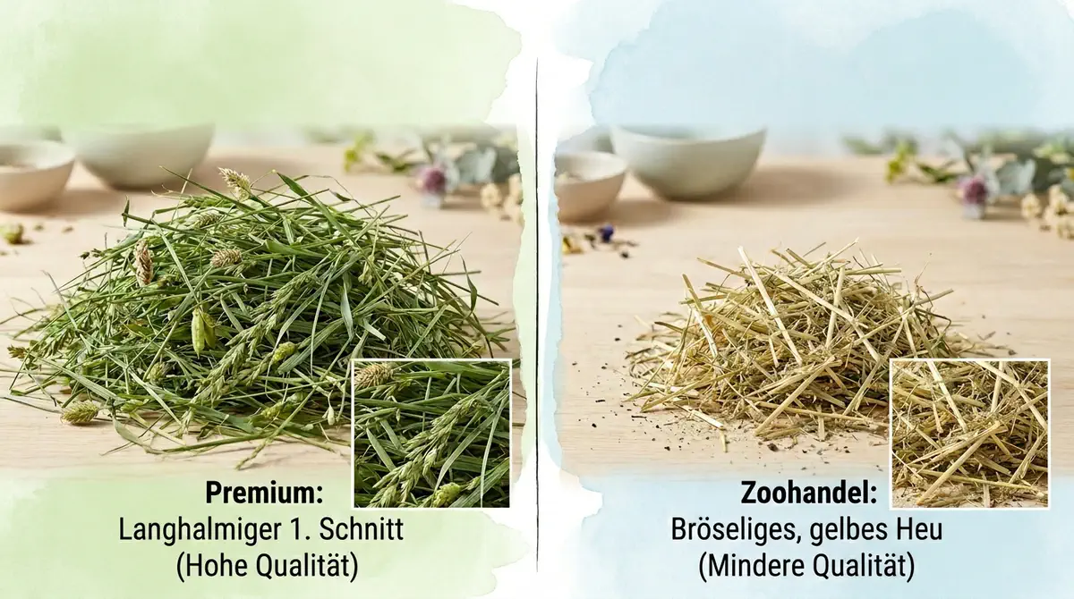 Vergleich von hochwertigem, grünem langhalmigem Heu links und minderwertigem, gelbem bröseligem Heu rechts mit Beschriftung zu Qualität und Zoohandel.
