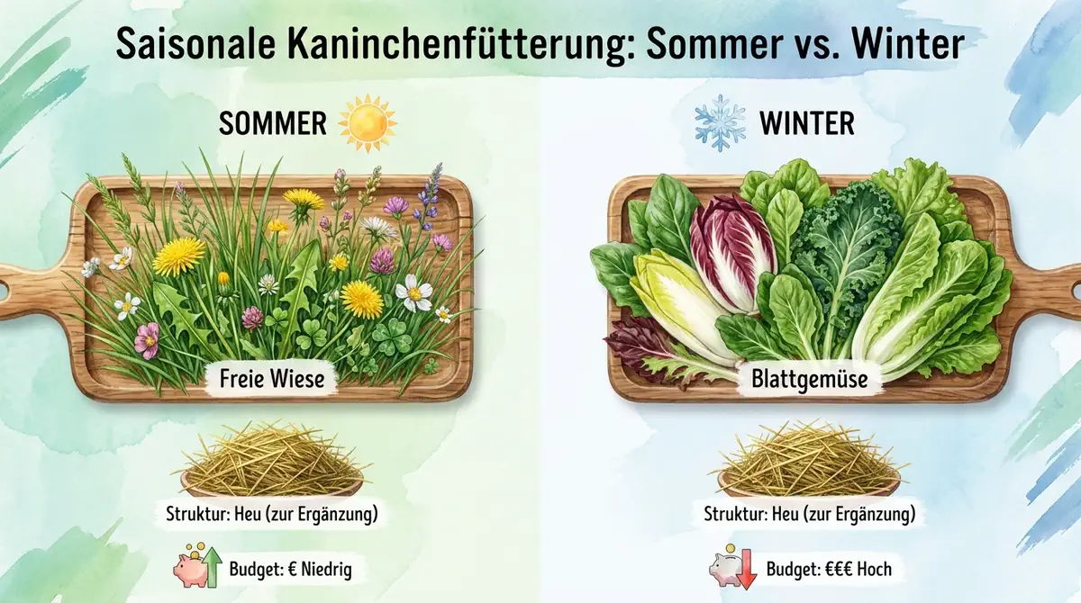 Infografik zur Kaninchenfütterung im Jahresverlauf mit freier Wiese und niedrigem Budget im Sommer sowie Blattgemüse und höherem Budgetbedarf im Winter; Heu ergänzt beide Varianten.