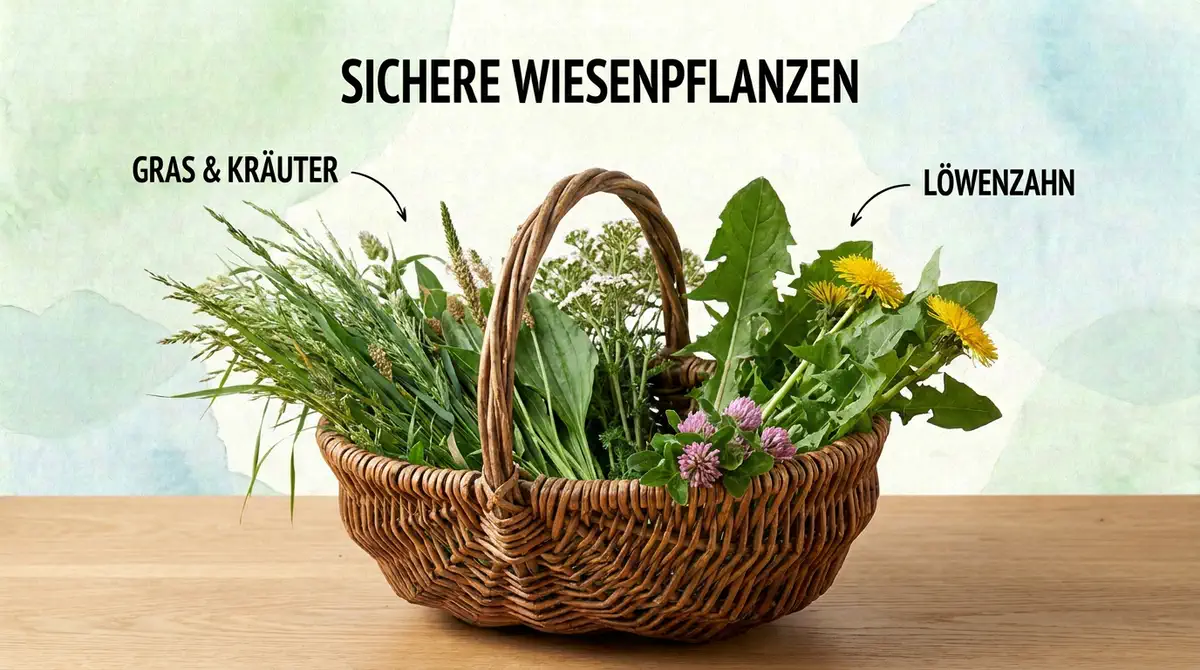 Geflochtener Korb mit frischen Wiesenpflanzen wie Gras, Kräutern und Löwenzahn, beschriftet als sichere Wiesenpflanzen für Kaninchen.