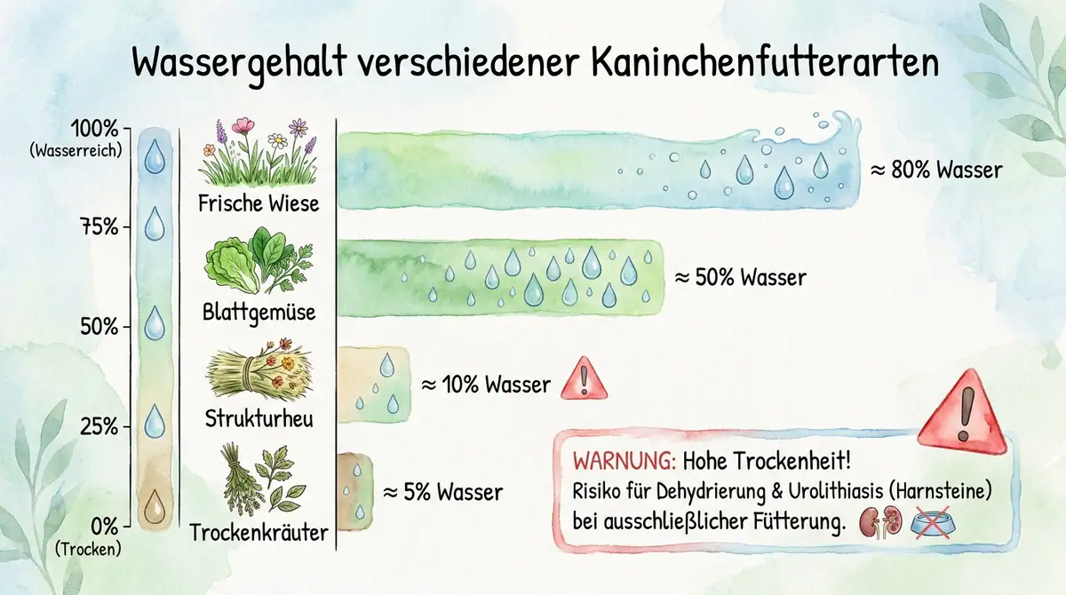 Infografik zum Wassergehalt verschiedener Kaninchenfutterarten mit frischer Wiese, Blattgemüse, Strukturheu und Trockenkraut sowie Warnhinweis vor Dehydration bei trockener Fütterung.