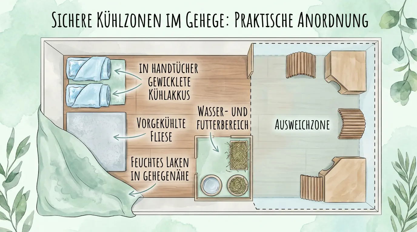 Schematische Draufsicht auf ein Kaninchengehege mit sicheren Kühlzonen: in Handtücher gewickelte Kühlakkus, vorgekühlte Fliese, feuchtes Laken, Wasser- und Futterbereich sowie eine Ausweichzone mit Rückzugsmöglichkeiten.