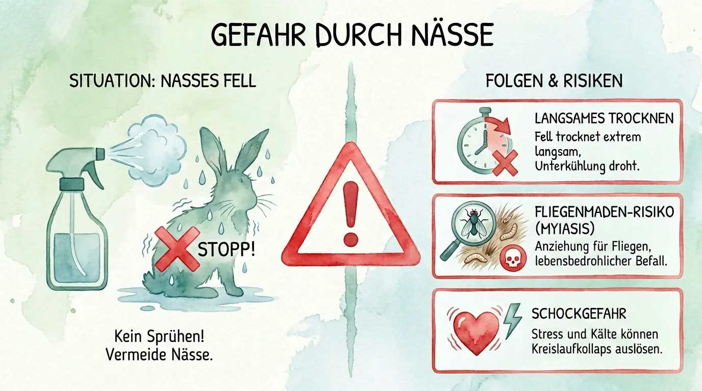 Infografik mit nassem Kaninchen und Warnsymbolen: Nasses Fell soll vermieden werden, da es langsam trocknet und Unterkühlung, Fliegenmadenbefall sowie Schock auslösen kann.