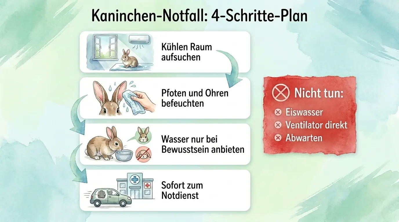 Infografik zum Kaninchen-Notfall bei Hitze mit vier Schritten: kühlen Raum aufsuchen, Pfoten und Ohren befeuchten, Wasser nur bei Bewusstsein anbieten und sofort zum Tiernotdienst fahren; daneben Warnhinweise gegen Eiswasser, direkten Ventilator und Abwarten.