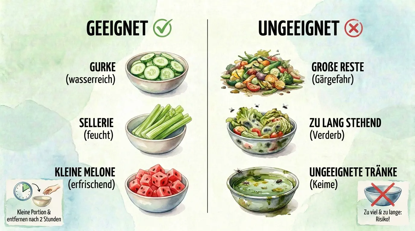 Infografik zur Kaninchenfütterung bei Hitze mit geeigneten Lebensmitteln wie Gurke, Sellerie und kleiner Melonenportion sowie Warnung vor Futterresten, zu lange stehendem Frischfutter und unhygienischen Tränken.