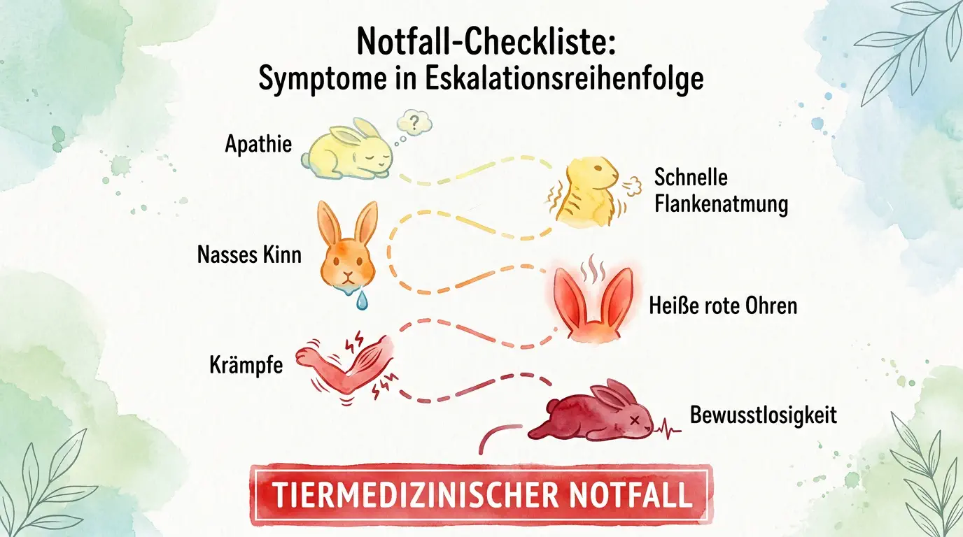 Infografik zur Notfall-Checkliste bei Kaninchen mit eskalierenden Warnsymptomen: Apathie, nasses Kinn, schnelle Flankenatmung, heiße rote Ohren, Krämpfe und Bewusstlosigkeit; unten roter Hinweis auf tiermedizinischen Notfall.