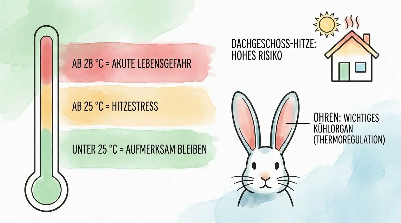 Infografik zum Hitzeschutz bei Kaninchen mit Thermometer und Warnstufen: unter 25 Grad aufmerksam bleiben, ab 25 Grad Hitzestress, ab 28 Grad akute Lebensgefahr sowie Hinweis auf die Ohren als wichtig