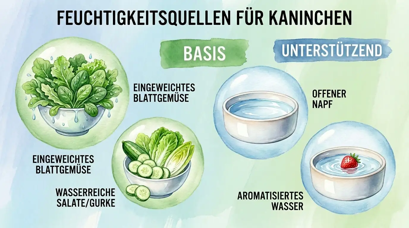 Infografik zu Feuchtigkeitsquellen für Kaninchen mit eingeweichtem Blattgemüse, wasserreichen Salaten und Gurke, offenem Napf sowie aromatisiertem Wasser; unterteilt in Basis- und unterstützende Optionen.