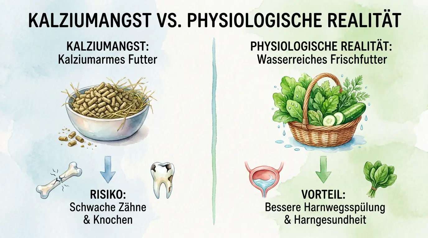 Infografik zu Kaninchenfütterung: Links kalziumarmes Trockenfutter mit Risiko für schwache Zähne und Knochen, rechts wasserreiches Frischfutter mit Vorteil für bessere Harnwegsspülung und Harnwegsgesundheit.