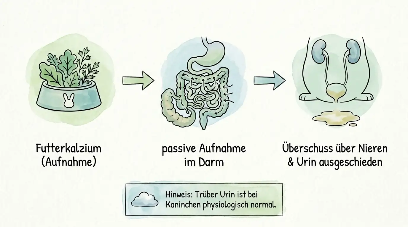 Infografik zum Kalziumstoffwechsel beim Kaninchen: Futterkalzium wird im Darm passiv aufgenommen, überschüssiges Kalzium über Nieren und Urin ausgeschieden; trüber Urin kann physiologisch normal sein.