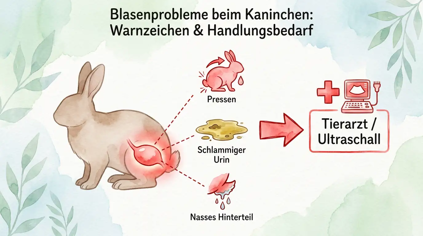 Illustration eines Kaninchens mit rot markiertem Blasenbereich und Hinweisen auf Blasenprobleme: Pressen, schlammiger Urin und nasses Hinterteil; Pfeil zu Tierarzt und Ultraschall.